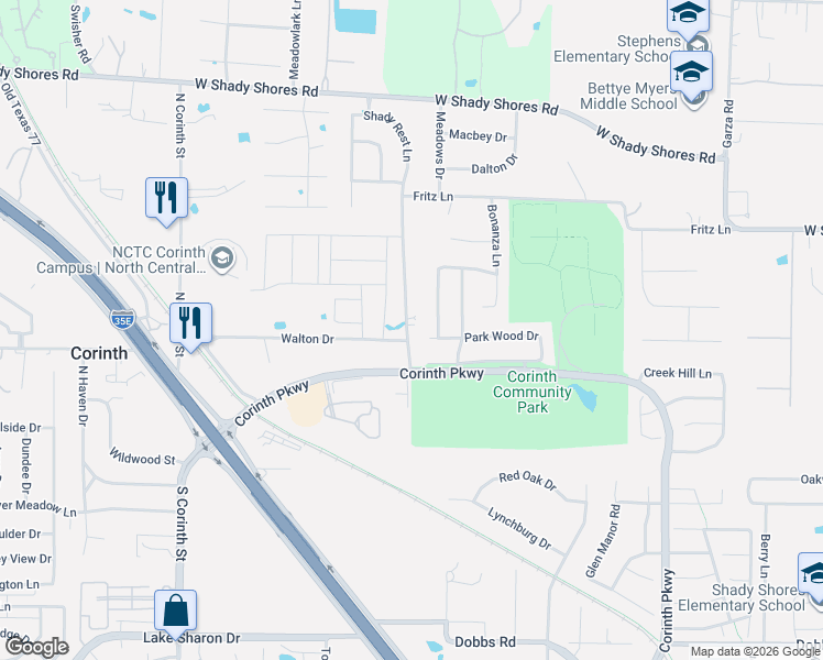 map of restaurants, bars, coffee shops, grocery stores, and more near 3415 Walton Drive in Corinth