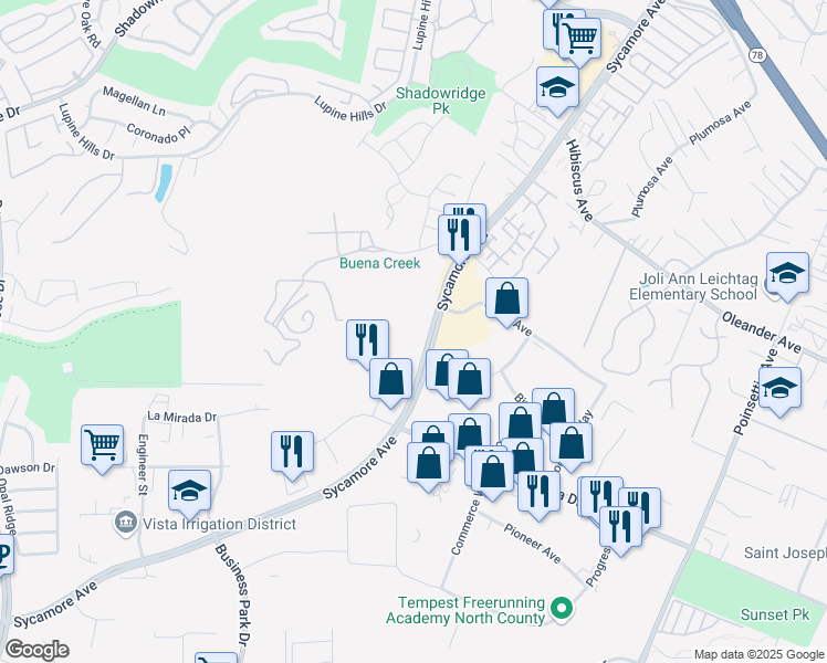 map of restaurants, bars, coffee shops, grocery stores, and more near 1345 Sycamore Avenue in Vista