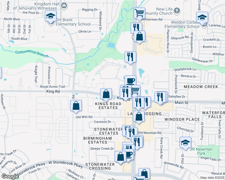 map of restaurants, bars, coffee shops, grocery stores, and more near 14196 King Road in Frisco