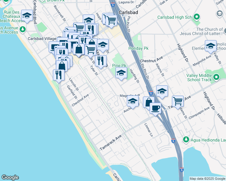 map of restaurants, bars, coffee shops, grocery stores, and more near 3539 Roosevelt Street in Carlsbad
