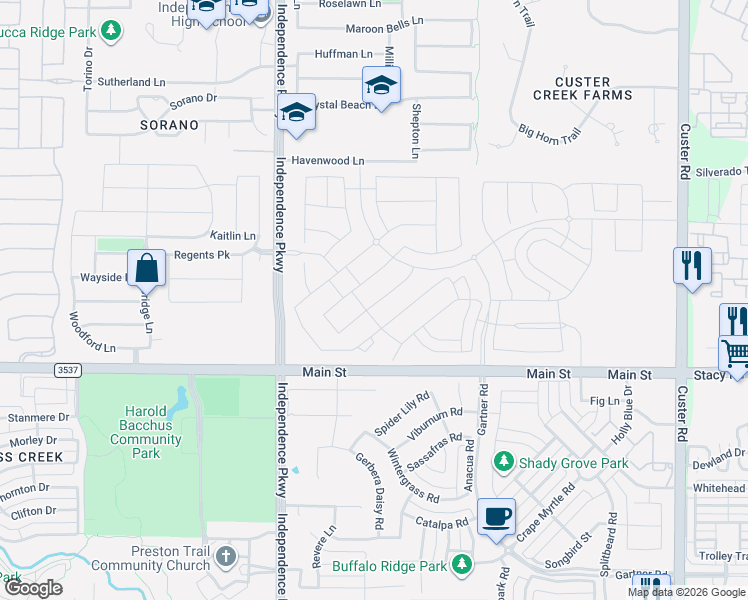 map of restaurants, bars, coffee shops, grocery stores, and more near Farm to Market 3537 in Frisco