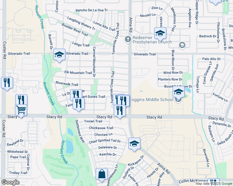 map of restaurants, bars, coffee shops, grocery stores, and more near 7816 Desert Dunes Trail in McKinney