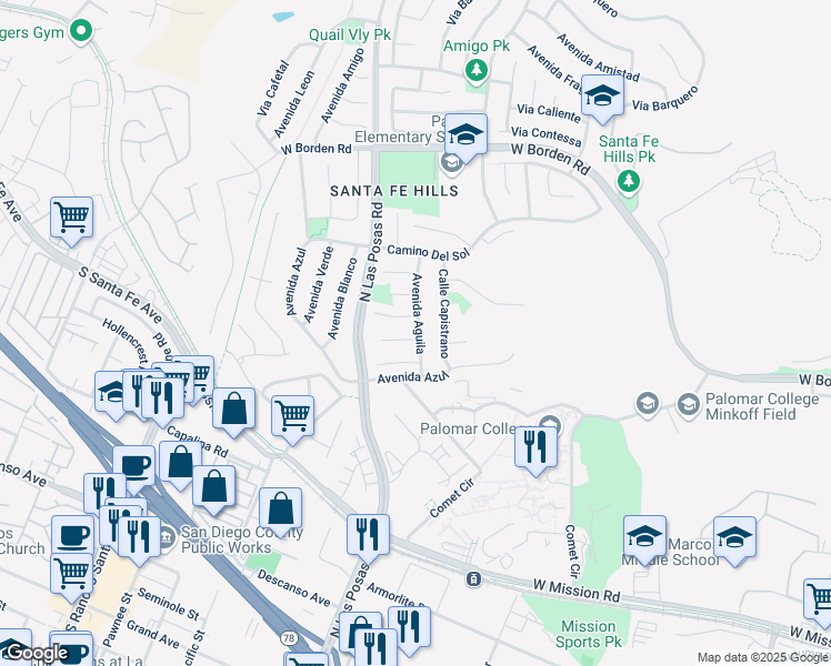 map of restaurants, bars, coffee shops, grocery stores, and more near 1202 Corte Cielo in San Marcos