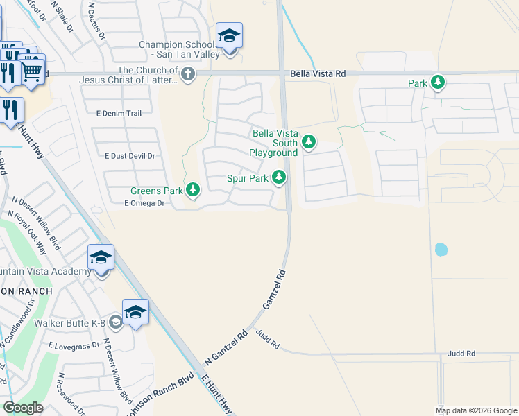 map of restaurants, bars, coffee shops, grocery stores, and more near 1915 East Omega Drive in Queen Creek