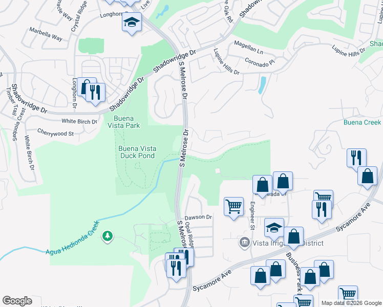 map of restaurants, bars, coffee shops, grocery stores, and more near 1597 Green Oak Road in Vista