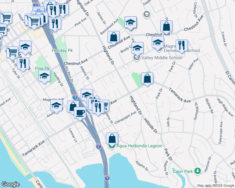 map of restaurants, bars, coffee shops, grocery stores, and more near in Carlsbad