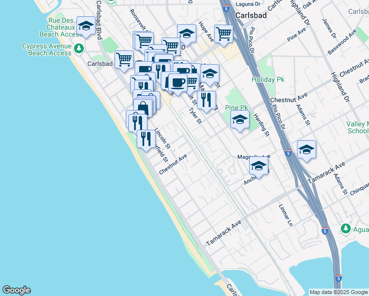 map of restaurants, bars, coffee shops, grocery stores, and more near 360 Chestnut Avenue in Carlsbad