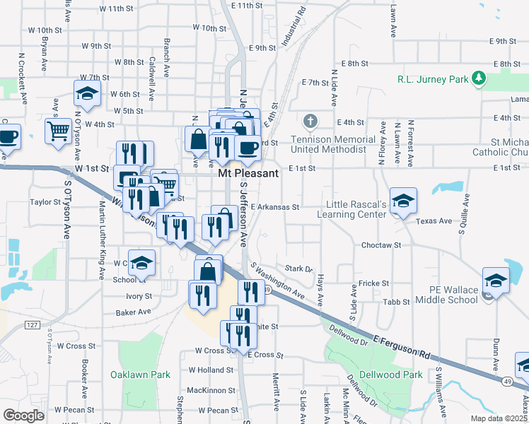 map of restaurants, bars, coffee shops, grocery stores, and more near 305 S Jefferson Ave in Mt Pleasant