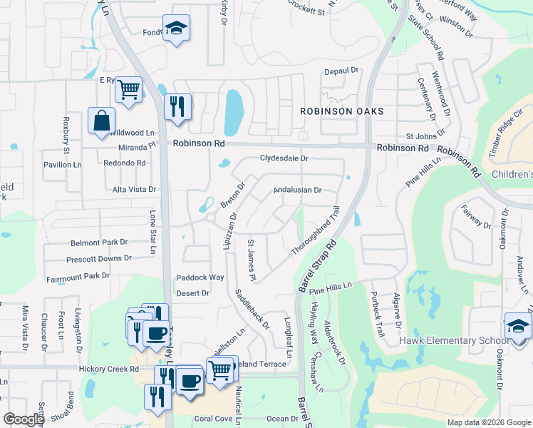 map of restaurants, bars, coffee shops, grocery stores, and more near 3215 Friesan Court in Denton