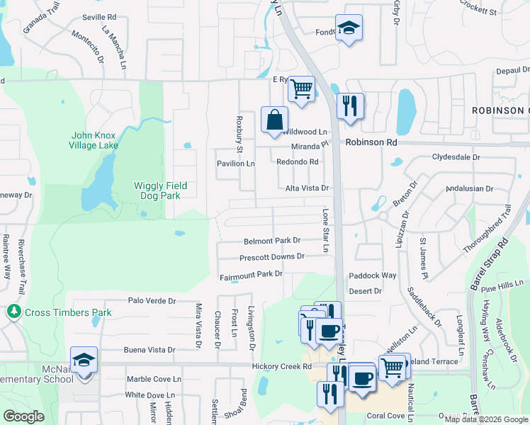 map of restaurants, bars, coffee shops, grocery stores, and more near 2109 Del Mar Court in Denton