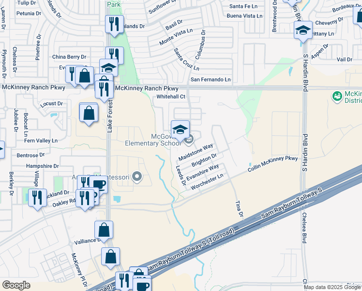 map of restaurants, bars, coffee shops, grocery stores, and more near 4300 Columbus Drive in McKinney