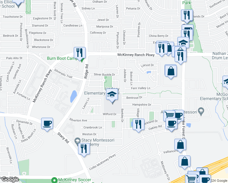 map of restaurants, bars, coffee shops, grocery stores, and more near 5717 Rancho Lane in McKinney