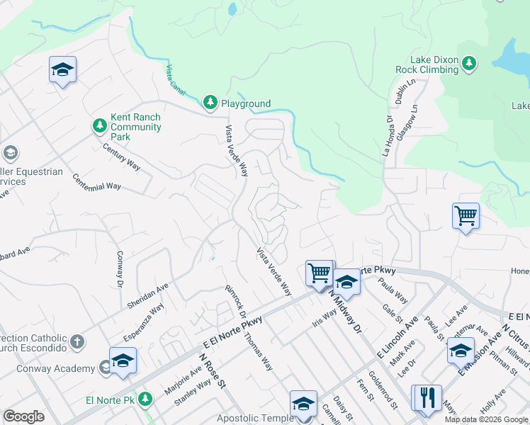 map of restaurants, bars, coffee shops, grocery stores, and more near 2032 Fiesta Glen in Escondido