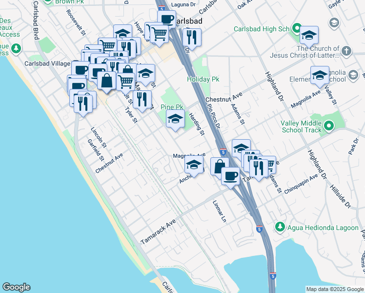 map of restaurants, bars, coffee shops, grocery stores, and more near 3540 Madison Street in Carlsbad