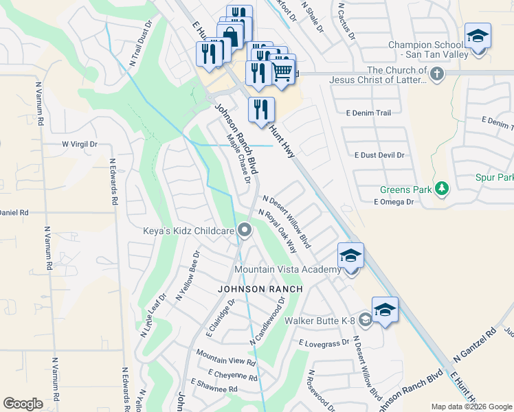 map of restaurants, bars, coffee shops, grocery stores, and more near 30300 North Royal Oak Way in Queen Creek