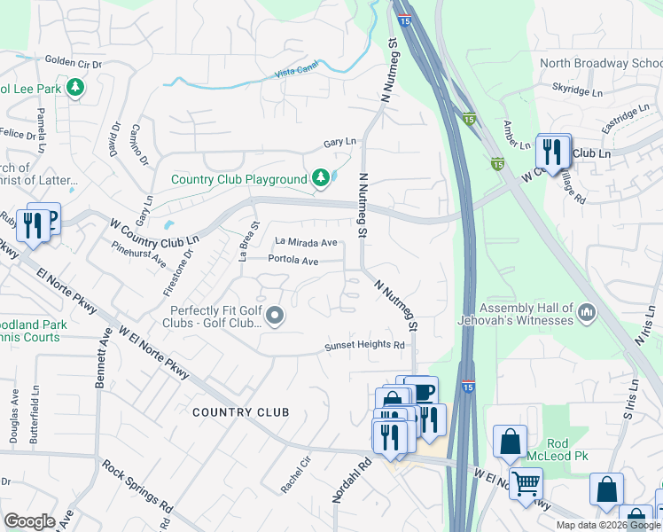 map of restaurants, bars, coffee shops, grocery stores, and more near 1141 Portola Avenue in Escondido