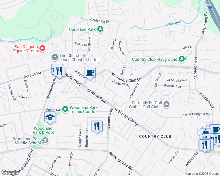 map of restaurants, bars, coffee shops, grocery stores, and more near 1754 Harold Road in Escondido