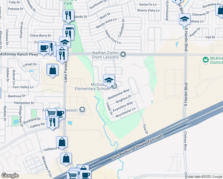 map of restaurants, bars, coffee shops, grocery stores, and more near 4300 Columbus Drive in McKinney