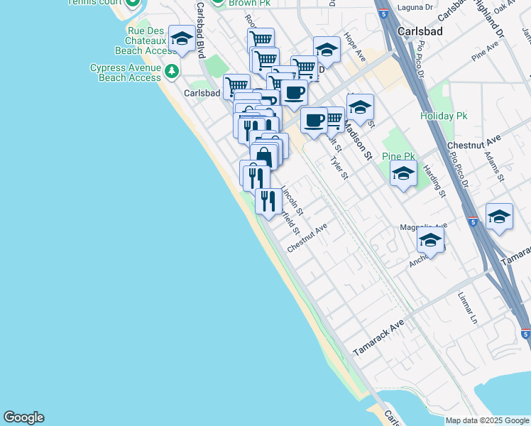 map of restaurants, bars, coffee shops, grocery stores, and more near 3201 Carlsbad Boulevard in Carlsbad