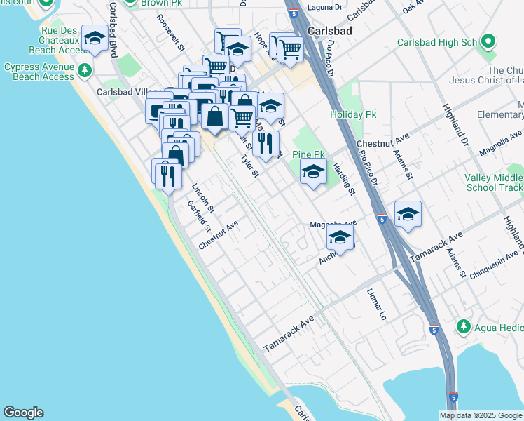 map of restaurants, bars, coffee shops, grocery stores, and more near 411 Chestnut Avenue in Carlsbad