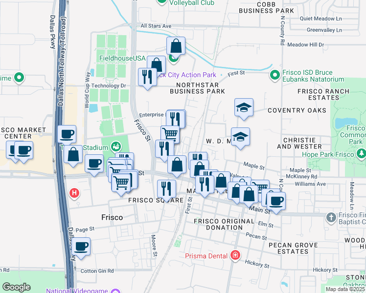 map of restaurants, bars, coffee shops, grocery stores, and more near 9100 John W. Elliott Drive in Frisco