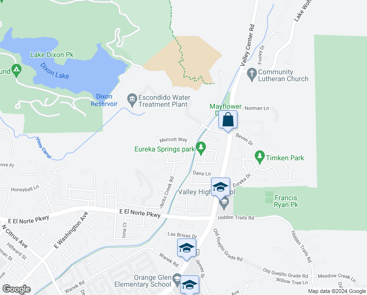 map of restaurants, bars, coffee shops, grocery stores, and more near 3058 Burnet Drive in Escondido