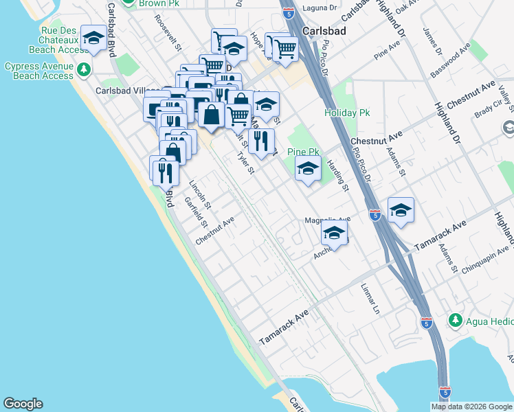 map of restaurants, bars, coffee shops, grocery stores, and more near 415 Chestnut Avenue in Carlsbad