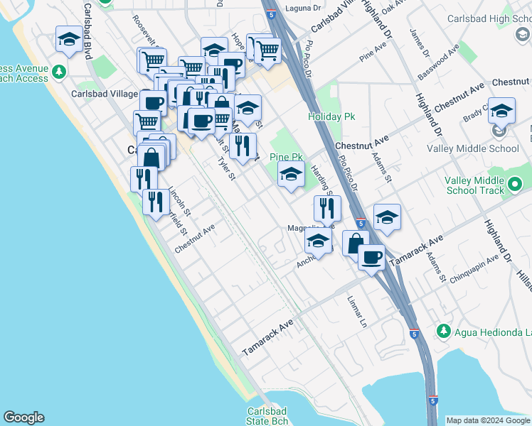 map of restaurants, bars, coffee shops, grocery stores, and more near 3539 Roosevelt Street in Carlsbad