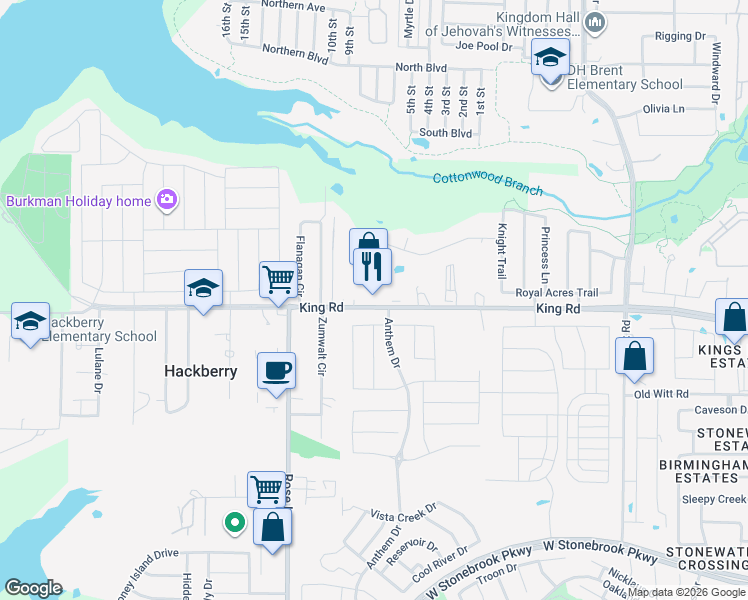 map of restaurants, bars, coffee shops, grocery stores, and more near 15222 King Road in Frisco