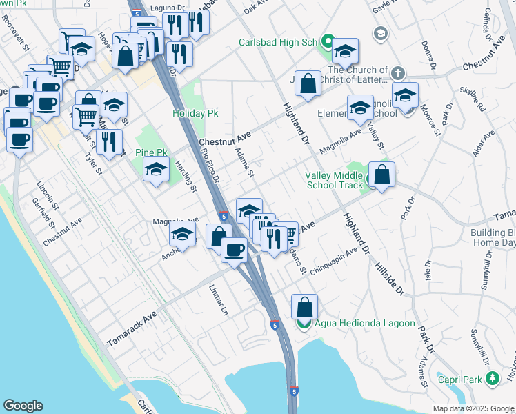 map of restaurants, bars, coffee shops, grocery stores, and more near 3747 Adams Street in Carlsbad