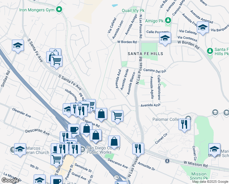 map of restaurants, bars, coffee shops, grocery stores, and more near 1616 Curry Comb Drive in San Marcos