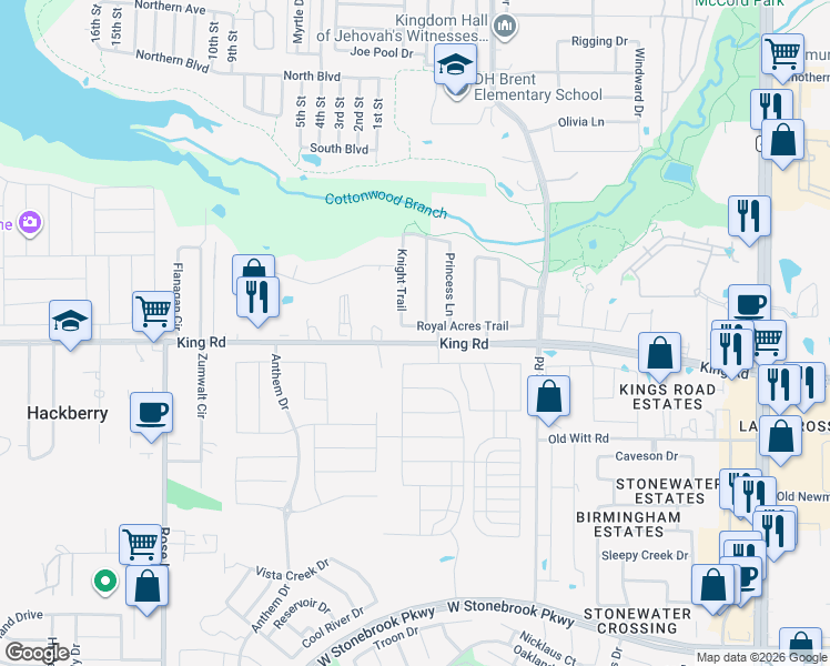 map of restaurants, bars, coffee shops, grocery stores, and more near 2080 Royal Acres Trail in Frisco