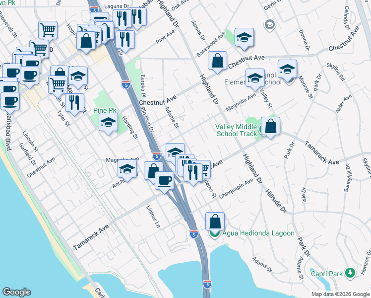 map of restaurants, bars, coffee shops, grocery stores, and more near 3757 Adams Street in Carlsbad