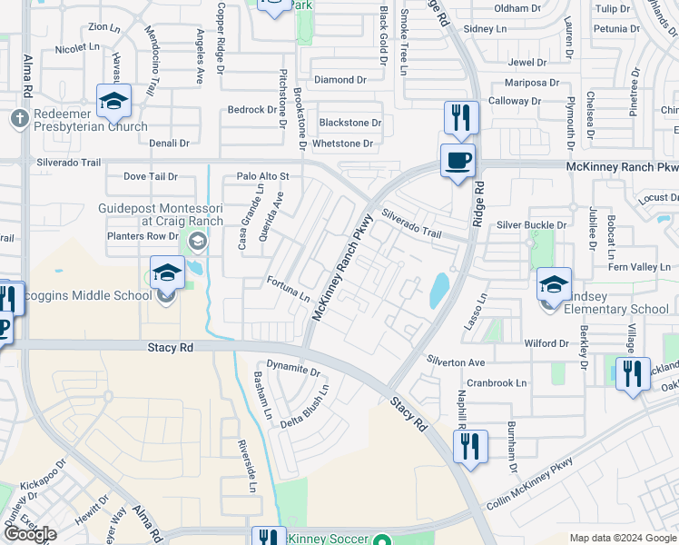 map of restaurants, bars, coffee shops, grocery stores, and more near 6668 McKinney Ranch Parkway in McKinney