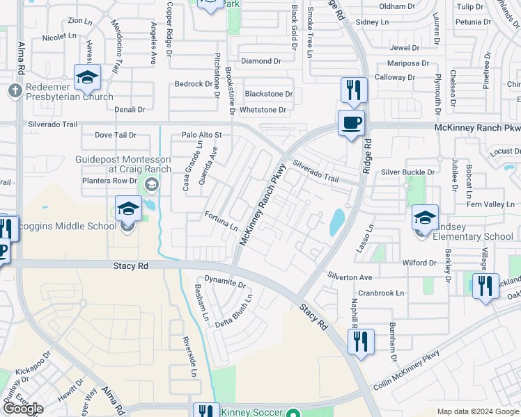 map of restaurants, bars, coffee shops, grocery stores, and more near 6663 McKinney Ranch Parkway in McKinney