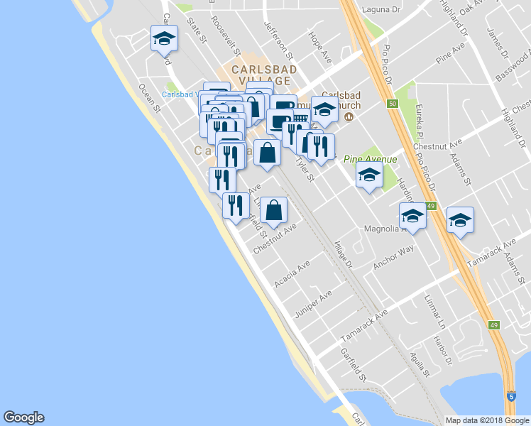 map of restaurants, bars, coffee shops, grocery stores, and more near 3301 Lincoln Street in Carlsbad