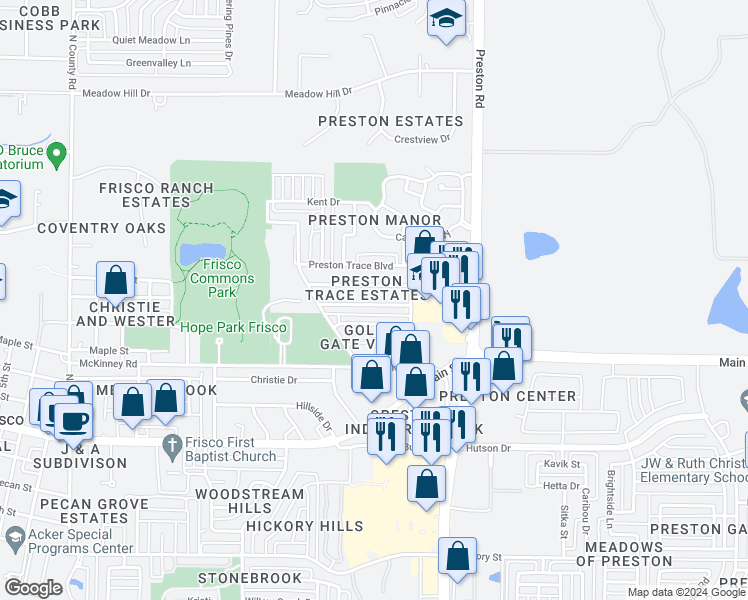 map of restaurants, bars, coffee shops, grocery stores, and more near 8620 Santa Clara Drive in Frisco