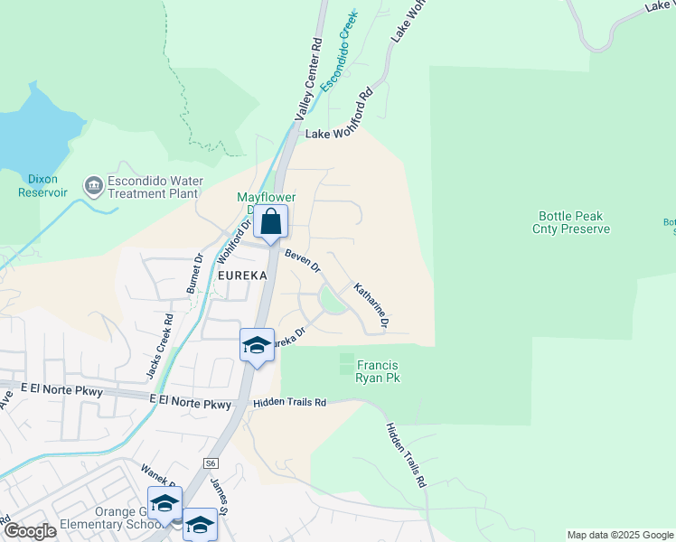 map of restaurants, bars, coffee shops, grocery stores, and more near 3177 Katharine Drive in Escondido