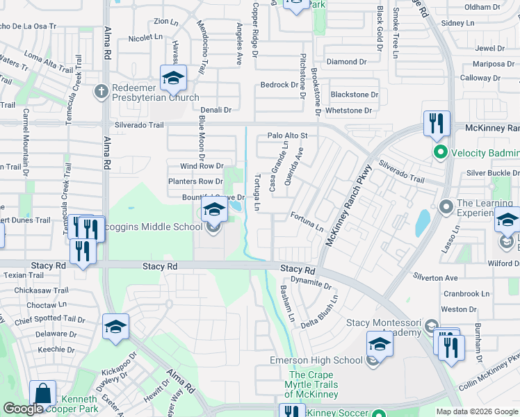 map of restaurants, bars, coffee shops, grocery stores, and more near 6621 Fortuna Lane in McKinney