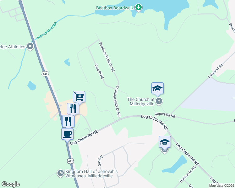 map of restaurants, bars, coffee shops, grocery stores, and more near 151 Southern Walk Drive Northeast in Milledgeville