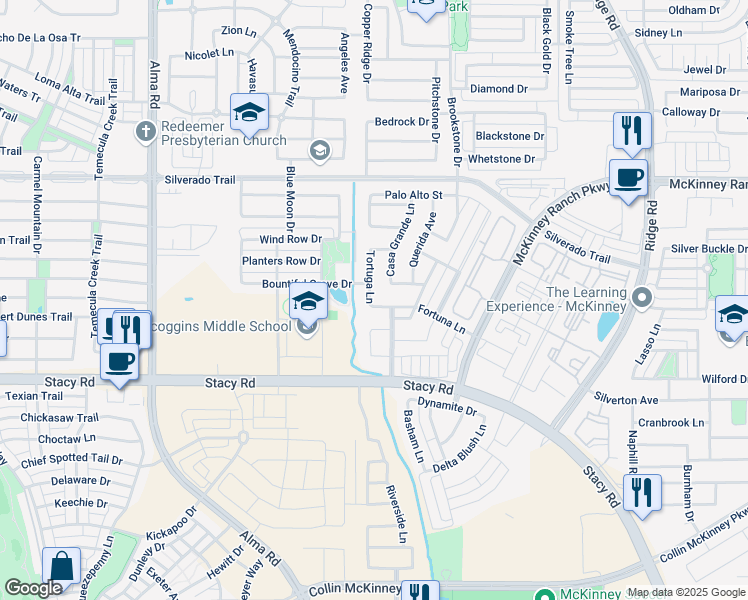 map of restaurants, bars, coffee shops, grocery stores, and more near 6612 Fortuna Lane in McKinney