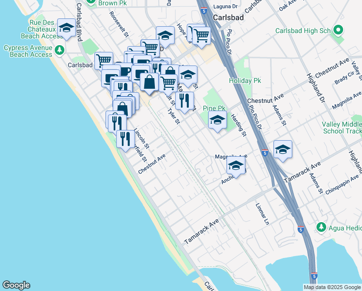 map of restaurants, bars, coffee shops, grocery stores, and more near 413 Chestnut Avenue in Carlsbad