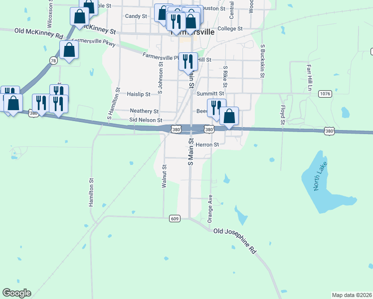 map of restaurants, bars, coffee shops, grocery stores, and more near 715 South Main Street in Farmersville