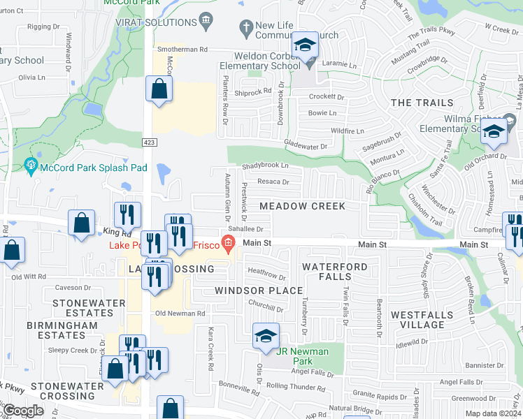 map of restaurants, bars, coffee shops, grocery stores, and more near 1062 Colleton Lane in Frisco