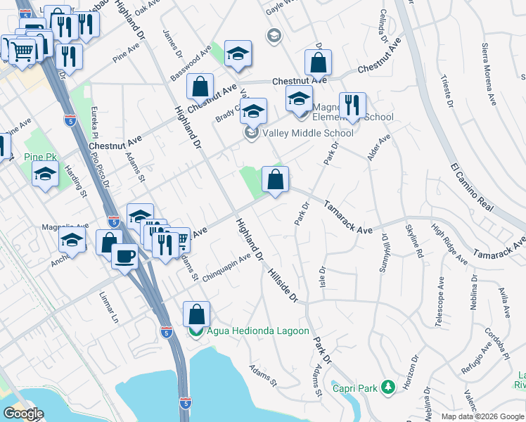 map of restaurants, bars, coffee shops, grocery stores, and more near 1530 Jeanne Place in Carlsbad