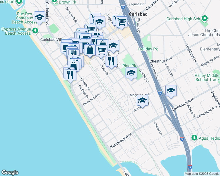 map of restaurants, bars, coffee shops, grocery stores, and more near 445 Chestnut Avenue in Carlsbad