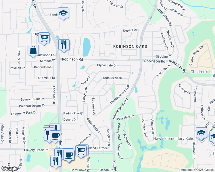 map of restaurants, bars, coffee shops, grocery stores, and more near 6100 Thackery Drive in Denton