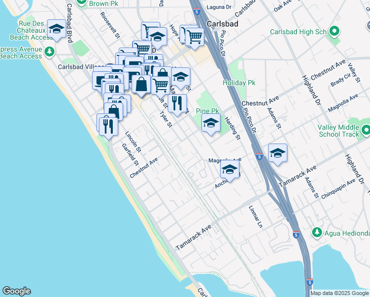 map of restaurants, bars, coffee shops, grocery stores, and more near 475 Chestnut Avenue in Carlsbad