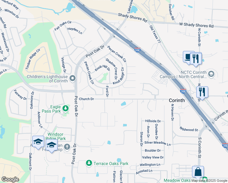 map of restaurants, bars, coffee shops, grocery stores, and more near 1506 Springbrook Street in Corinth