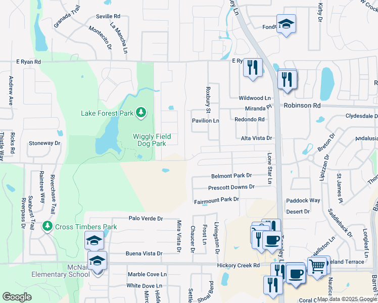 map of restaurants, bars, coffee shops, grocery stores, and more near 4001 Pimlico Court in Denton